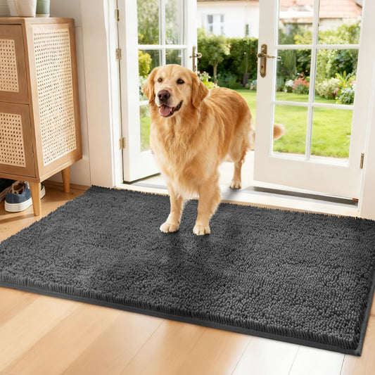 Naturei Chenille Absorbent Front Door Mat 48" x 36", Dog Door Mat for Muddy Paws, Trap Dirt Doormat, Mud Mat for Dogs, Washable Non Slip Outdoor Indoor Doormats for Entryway, Grey