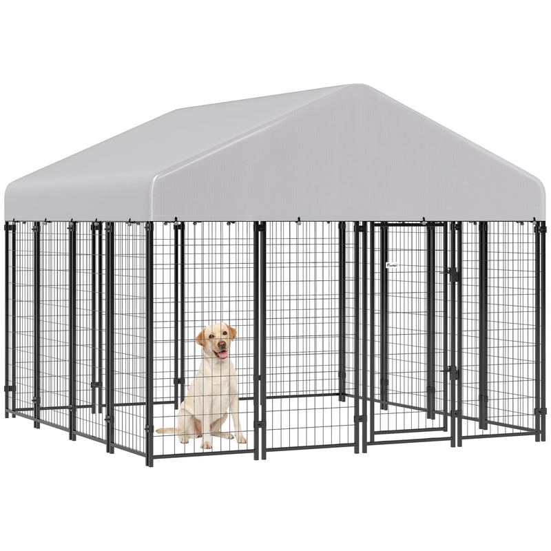 PawHut Outdoor Dog Kennel with Roof, 8' x 8' x 6' Heavy Duty Welded Wire Dog Playpen Enclosure with Escape-Proof Lock, UV-Resistant & Waterproof Cover, for Large Dogs, Chickens, Ducks, Silver