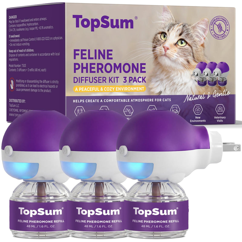 TopSum Cat Calming Pheromone Diffuser: Feline Pheromones Plug in for Stress, Alone At Home, Spraying, Fighting, Scratching, Aggression & Excessive Meowing (3 Diffusers + 3 Refills)