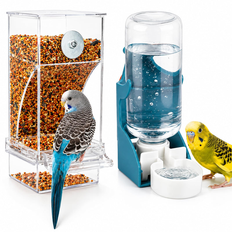 Rypet No Mess Bird Water Feeder Dispenser Set Automatic Bird Feeder Transparent Food Container Cage Acrylic Parrot Feeders Accessories for Small Birds Parrot Cockatoo Canary