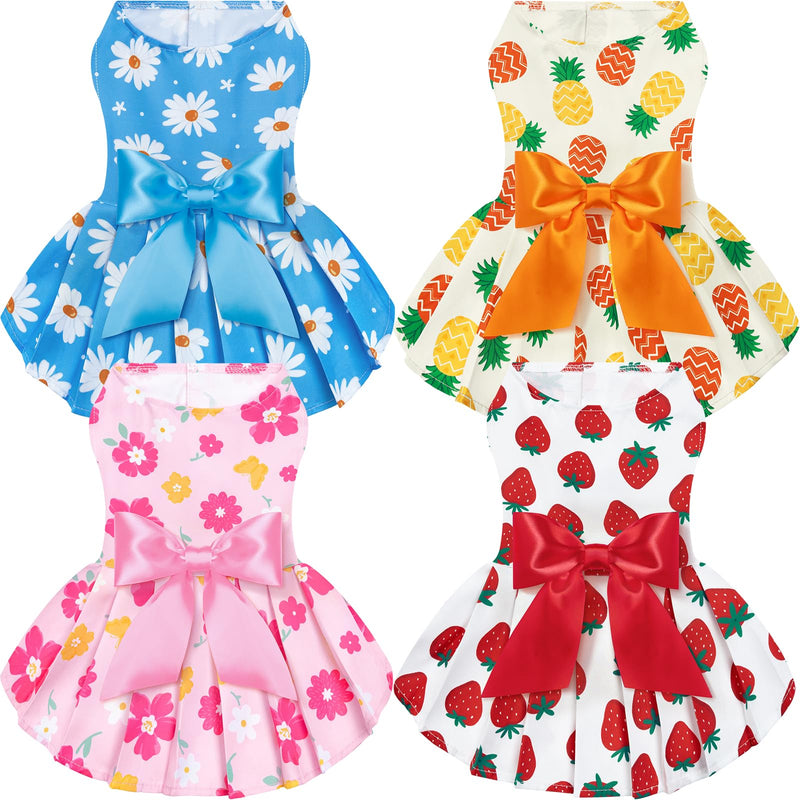 XPUDAC 4 Pack Floral Dog Dress for Small Dogs Girl, Cute Puppy Dresses with Bowknot, Sweet Dog Skirt, Breathable Lightweight Summer Pet Clothes for Holiday Birthday Party, XXS
