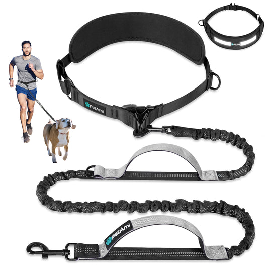 PetAmi Hands Free Dog Leash with Padded Lumbar Waist Belt, Shock Absorbing Bungee, Quick Release Buckle, Dual Handle, Running Jogging Walking Leash for Medium Large Dogs Up to 125 lbs, Grey