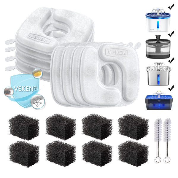 Veken Cat Water Fountain Filters, 8 Pack Replacement Filters & 8 Pack Replacement Pre-Filter Sponges Set for 50oz, 84oz, 95oz or 108oz Automatic Pet Fountain Dog Water Dispenser