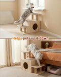 KinoTail 3-in-1 Pet Stairs for Cats, 7.87" Depth Pet Steps for Cat, Wood Cat Stairs for High Bed and Sofa, 1 Condo Cave, Scratching Post, Sturdy Indoor Pet Stairs with Non-Slip Carpet Pads