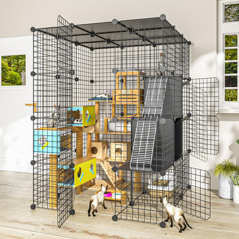 PAWING Large Cat Cage Indoor - Metal Wire Cat Enclosure with Storage Cube, Detachable Kitty Cage with Platform for 1-3 Cats, 3x3x4 Spacious Cat Kennel