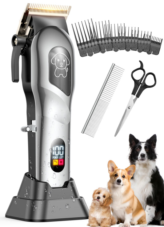 Dog Clippers for Grooming, Dog Grooming Kit for Heavy Thick Hair, Low Noise Cordless Pet Hair Trimmer with Stainless Steel Blade, Professional Rechargeable Hair Trimmer for Dogs and Cats D-Sliver