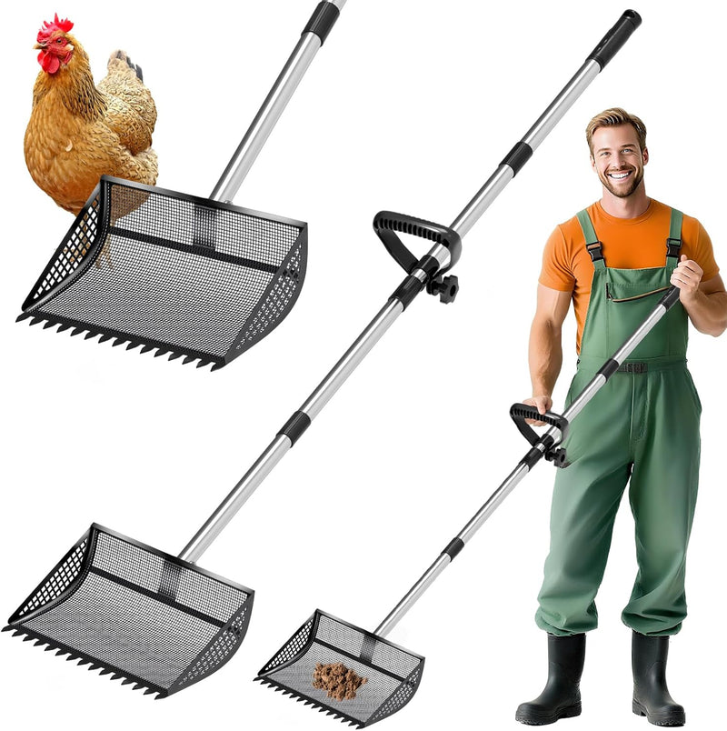 Chicken Poop Scooper Rake 2-in-1,304 Stainless Steel Shovel Head, Chicken Litter Scoop with Handle for Chicken Coop for 