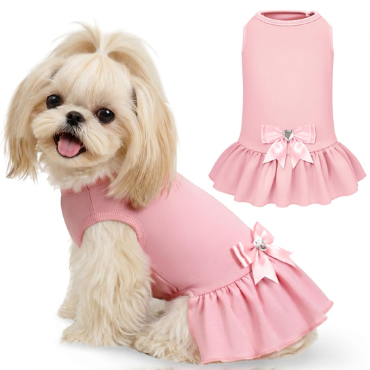 WOYYHO Small Dog Dress with Bowknot, Cute Princess Sleeveless Puppy Dress, Dog Sling Ruffled Skirt Pet Dress Summer Pet Clothes for Puppy Small Dogs Girl Cats Chihuahua Yorkie Pomeranian(S, Pink)