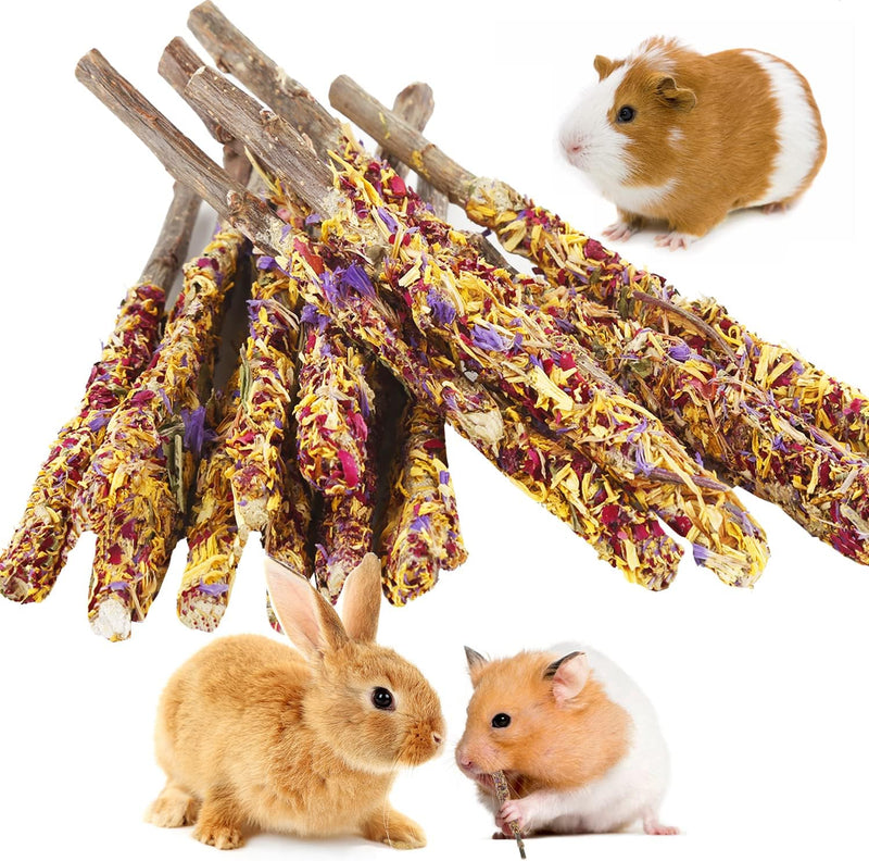 Abizoo Bunny Chew Toys for Rabbits,18PCS Natural Apple Wood Sticks with Petals Good for Chinchillas Guinea Pig Hamster T