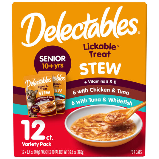 Delectables Lickable Treat Stew Senior 10+ Wet Cat Treat with Real Chicken, Food Topper, Hydrating, Grain-Free, No Fillers, No By-Products, No Added Preservatives, 1.4oz Pouch, 12ct