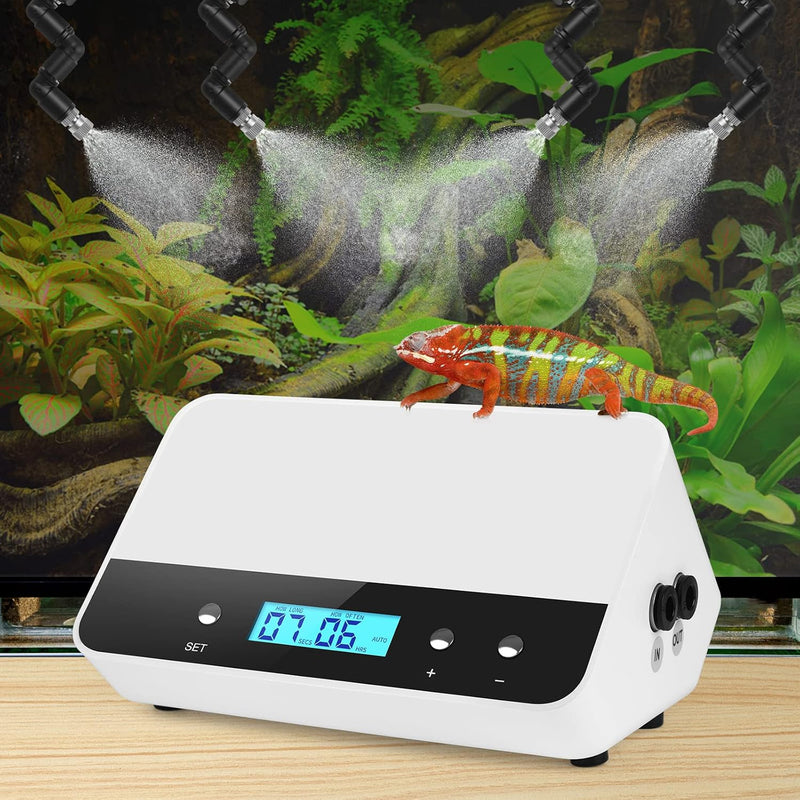 Automatic Reptile Mister with 4 Nozzles | 360° Adjustable Spray, Timer Control & External Reservoir for Terrariums