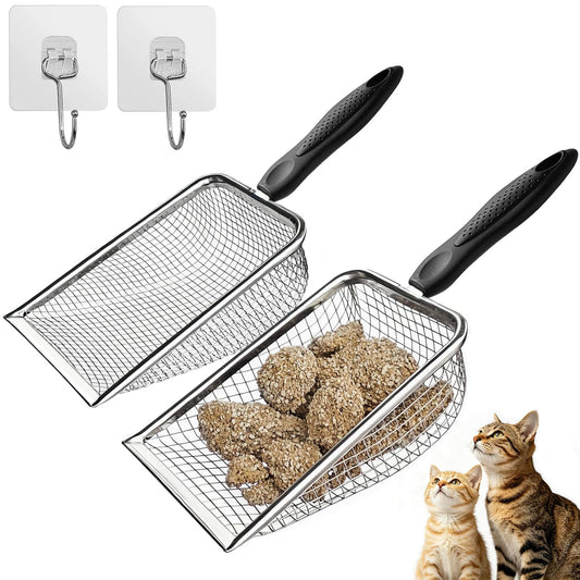 2 Pack Cat Litter Scoop with 3.8mm & 5mm Mesh – Stainless Steel Kitten Litter Scoop with 2 Adhesive Hooks, Metal Cat Poop Scooper for All Litter Types, Efficient Sifting & Easy Cleaning for Litter Box