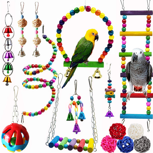Hamiledyi Bird Parrot Swing Chewing Toy Set 15PCS Wooden Hanging Bell with Hammock Climbing Ladders Colorful Pet Birds Cage Toys for Small Parakeet Cockatiel Finches Conures Budgie Macaws Love Birds