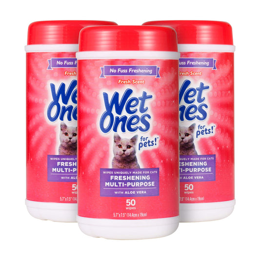 Wet Ones for Pets Freshening Multipurpose Wipes for Cats with Aloe Vera, Fresh Scent - Easy to Use Cat Cleaning Wipes for Pet Grooming in Canister, 50 Count - 3 Pack