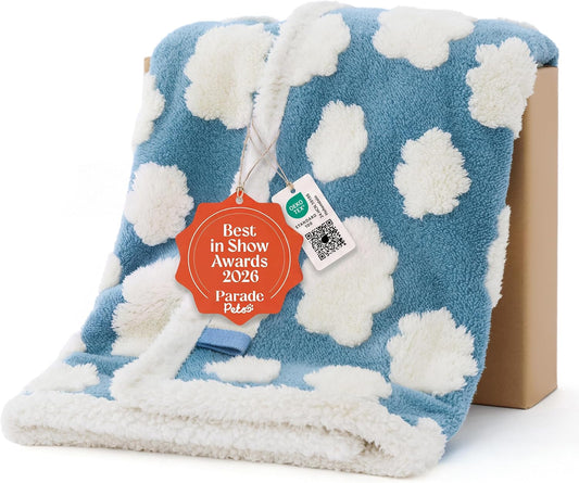 LE SURE Waterproof Puppy Blanket for Small Dogs - Washable Double Sided Dog Blankets with Warm Jacquard Shag and Soft Sherpa Fleece, Pet Cat Blanket for Couch Protection, 3D Textured Cloud, Blue