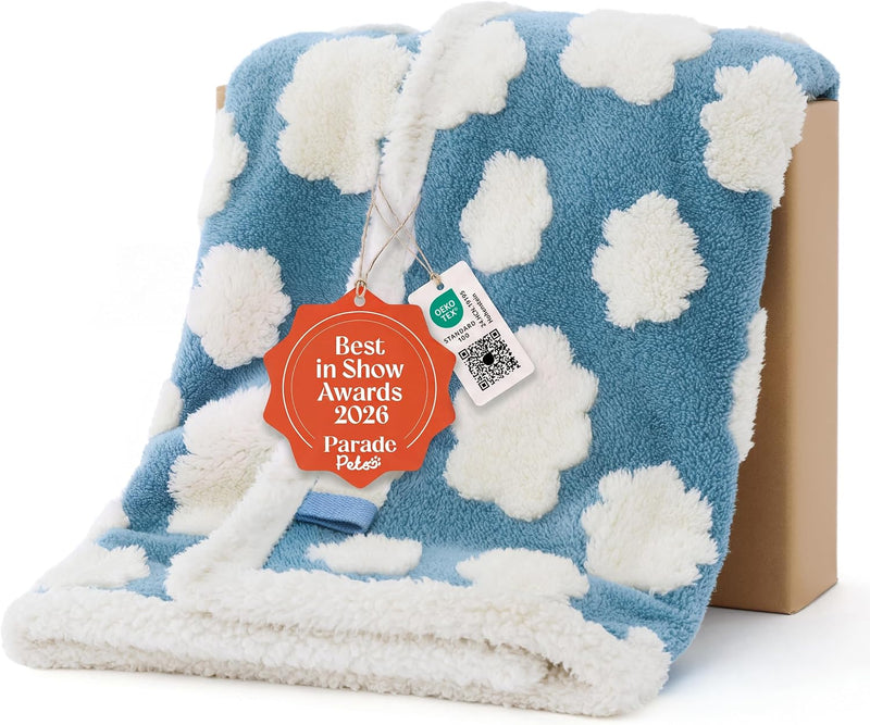 LE SURE Waterproof Puppy Blanket for Small Dogs - Washable Double Sided Dog Blankets with Warm Jacquard Shag and Soft Sherpa Fleece, Pet Cat Blanket for Couch Protection, 3D Textured Cloud, Blue
