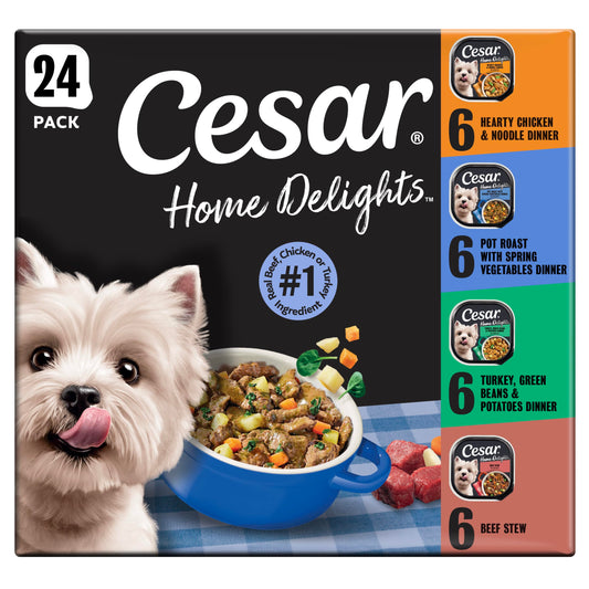 Cesar Home Delights Adult Wet Dog Food, Pot Roast with Spring Vegetables, Beef Stew, Turkey, Green Beans, & Potatoes, and Hearty Chicken & Noodle Dinner in Sauce Variety Pack, 3.5 oz. 24 Count