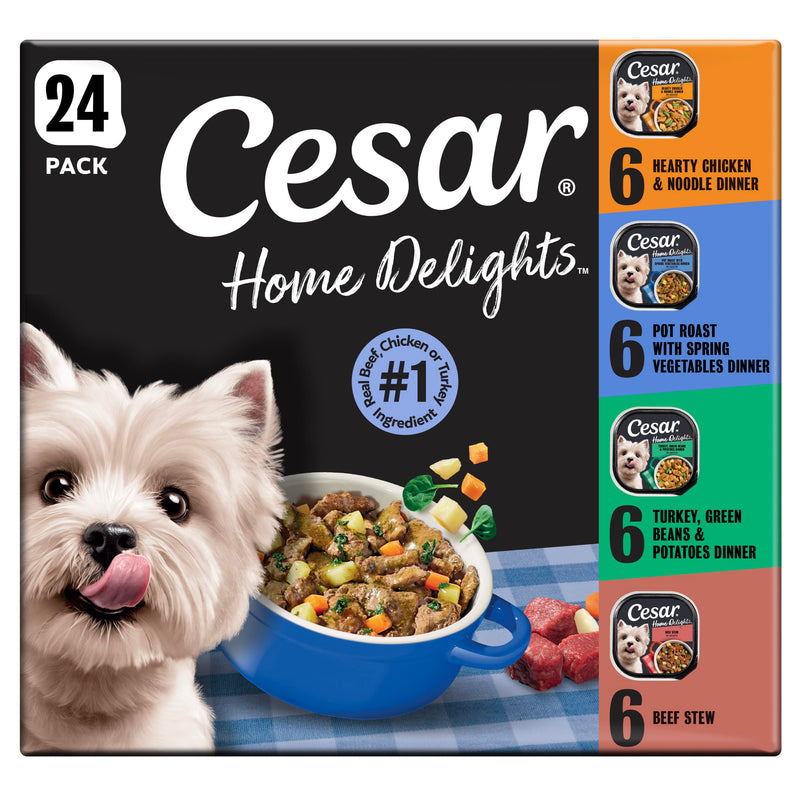 Cesar Home Delights Adult Wet Dog Food, Pot Roast with Spring Vegetables, Beef Stew, Turkey, Green Beans, & Potatoes, and Hearty Chicken & Noodle Dinner in Sauce Variety Pack, 3.5 oz. 24 Count