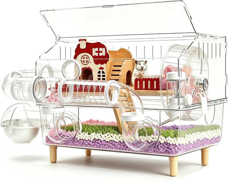 8 in 1 Acrylic Hamster Cage,2 Tier Dwarf Hamster Cage with 360° Transparent Viewing,Hamster Habitat Gerbil cage Top Open
