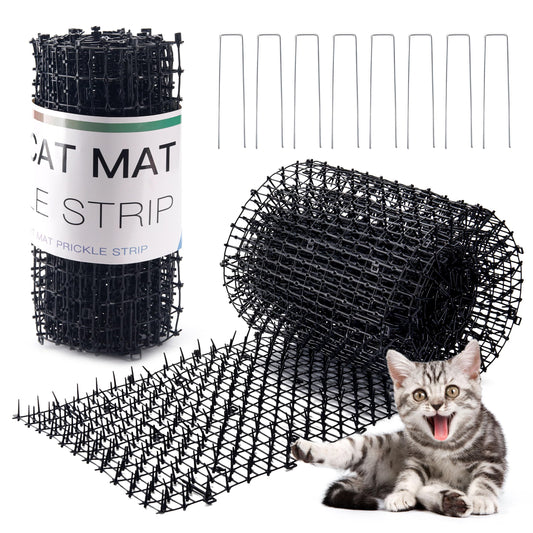 Hmyomina 16.4FT Scat Mat for Cats with 8 Garden Staples, Cat Scat Mat with Spikes Outdoor Plant & Furniture Protector(2PCS, 8.2FT Each)
