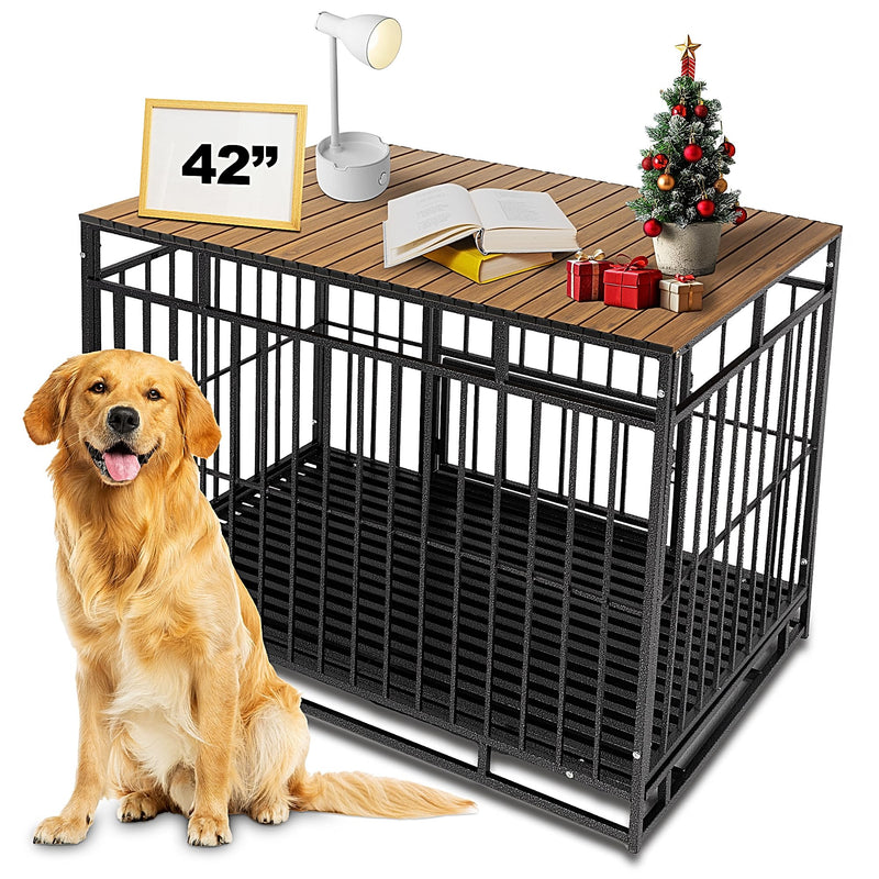 Petmystify Dog Crate Topper Metal with Magnets for 42 Inch Crate - Aluminum Foldable Dog Kennel Topper Decorative Storage Pet Crate Table Walnut (Only Topper)