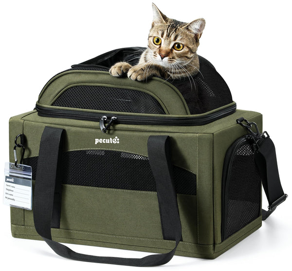 Pecute Expandable Pet Carrier Airline Approved Dog Cat Carrier, Breathable Soft-Sided with Locking Zippers, Pet Travel Bag for Small Dog Cat Anti-Scratch Mesh Leakproof Pee Pad (Dark Green)