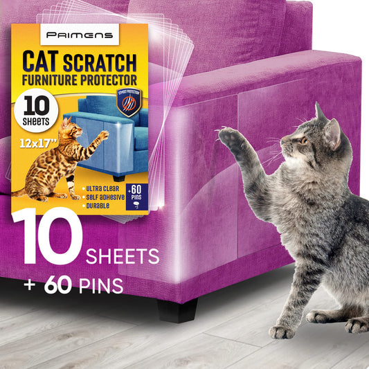 Heavy Duty Cat Scratch Deterrent Furniture Protectors for Sofa, Doors, Clear Couch Protectors from Cats Scratching, Anti Cat Scratch Tape Guards (Transparent, 10 Sheets 17x12)