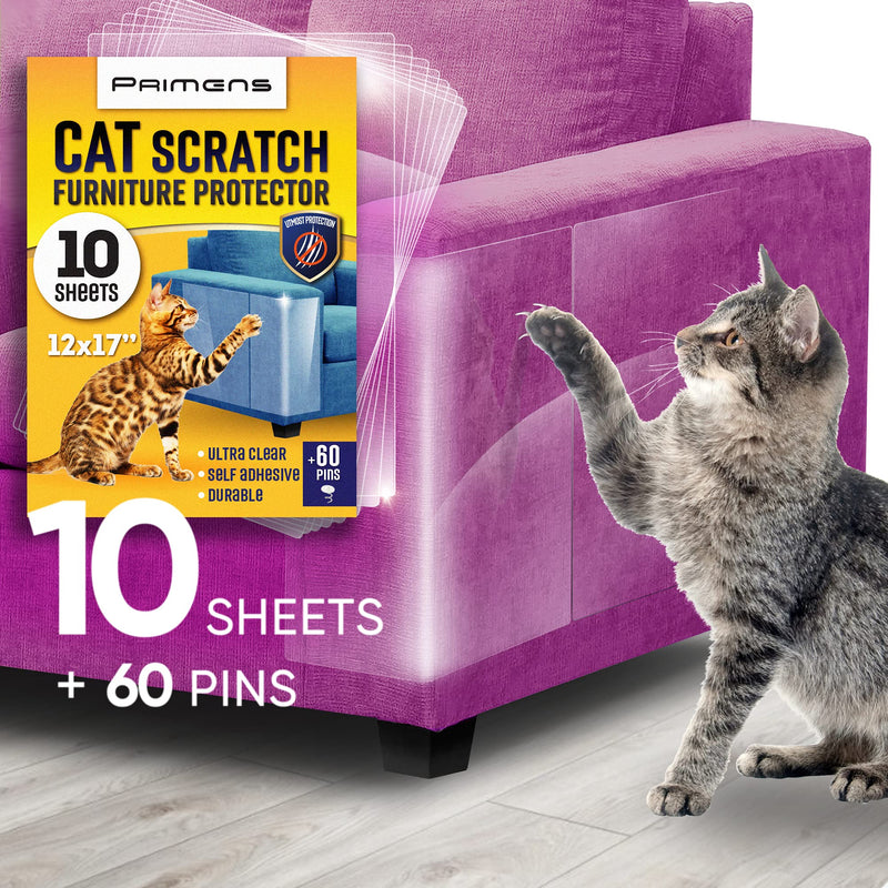 Heavy Duty Cat Scratch Deterrent Furniture Protectors for Sofa, Doors, Clear Couch Protectors from Cats Scratching, Anti Cat Scratch Tape Guards (Transparent, 10 Sheets 17x12)