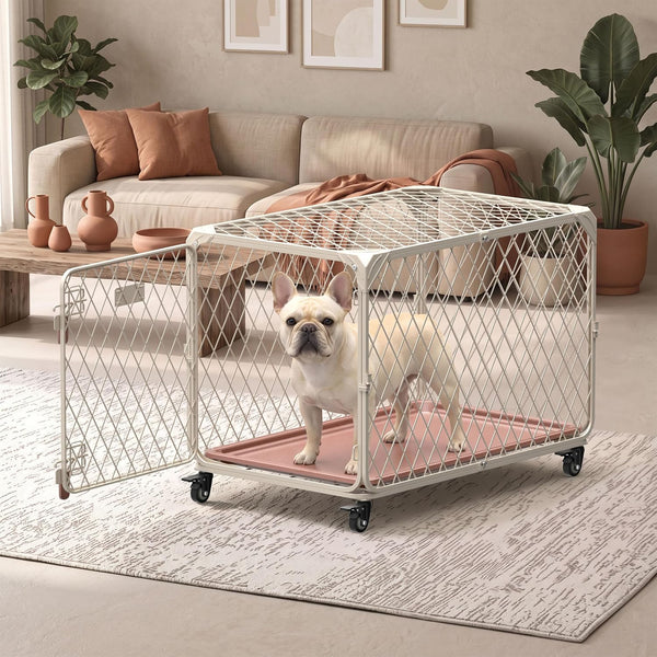 Aurapaws 30 Inch Small Dog Crate with Lockable Wheel, Diamond Mesh Metal Dog Crates for Small Dogs, up to 70 lbs, Double Secure Latch & Leak-Proof Tray, Easy Assembly&Lightweight Pet Dog Kennel Cage