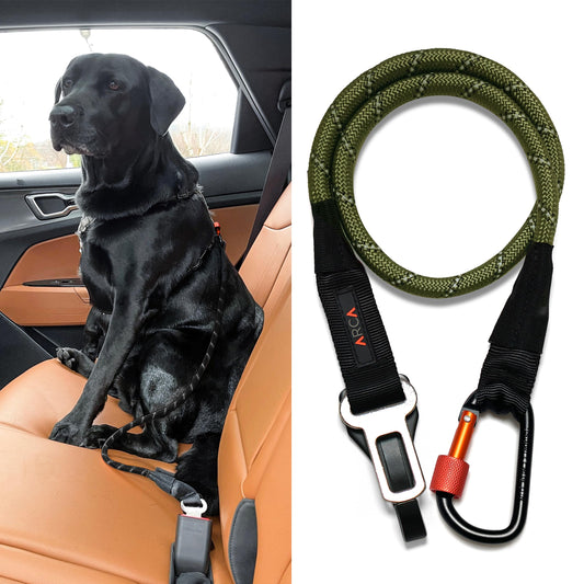 Dog Seat Belt for Car | Universal Dog Car Seatbelt | Durable Reflective Rope with Clip Hook Latch, Buckle and Carabiner- Safe and Secure Pet Safety Restraint (Army Green)