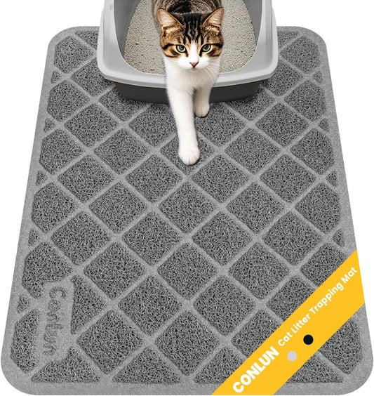 Conlun Cat Litter Mat Litter Trapping Mat, Premium Durable PVC Grid Mesh with Scatter Control, Non-slip, Less Waste Cat Litter Box Mat, Soft on Kitty’s Paws, Urine Waterproof, 24" x 17" Grey