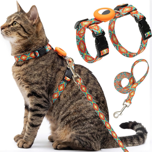 Cat Harness and Leash Escape Proof for Walking Travel Outdoor - Soft Nylon Adjustable Cute Cat Harness Leash Set with Airtag Holder for Small Large Cats