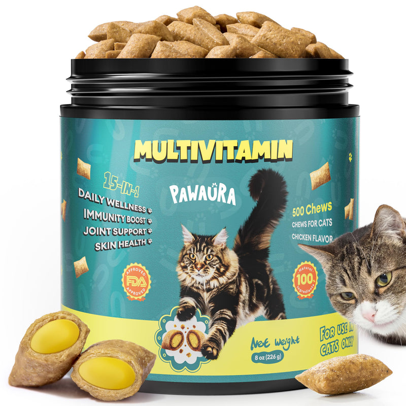 PAWAURA Cat Multivitamin Treats with Taurine – 500 Crunchy & Creamy Cat Vitamin Chews for Immune, Joint, Digestion, Skin & Coat Support – Daily Healthy Supplement for Cats of All Ages