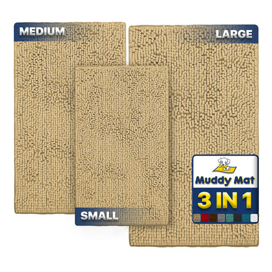 Muddy Mat® Pack of 3 Highly Absorbent Microfiber Dog Door Mat and Pet Rug, Non Slip Thick Washable Area Mat Soft Chenille for Kitchen Bathroom Bedroom and Outdoor - Beige Small, Medium & Large