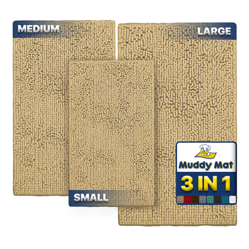 Muddy Mat® Pack of 3 Highly Absorbent Microfiber Dog Door Mat and Pet Rug, Non Slip Thick Washable Area Mat Soft Chenille for Kitchen Bathroom Bedroom and Outdoor - Beige Small, Medium & Large