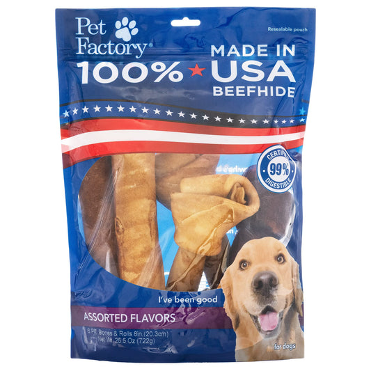 Pet Factory 100% Made in USA Beefhide 8-9" Assorted (Bones & Rolls) Dog Chew Treats - Beef & Chicken Flavor, 6 Count/1 Pack