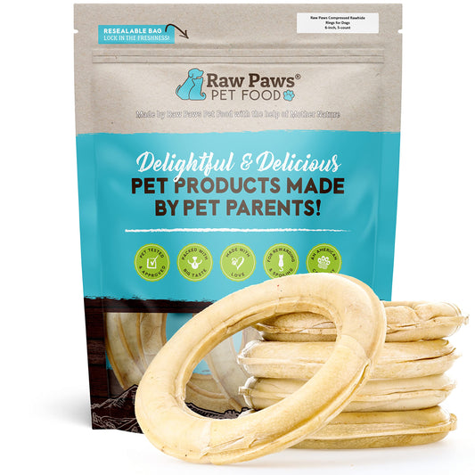 Raw Paws Compressed Rawhide Rings for Dogs, 6-inch, 5-Count - Packed in the USA - Rawhide Rings - Digestible Rawhide Donuts - Natural Hide Dogs Chews - Natural Puppy Teething Rings