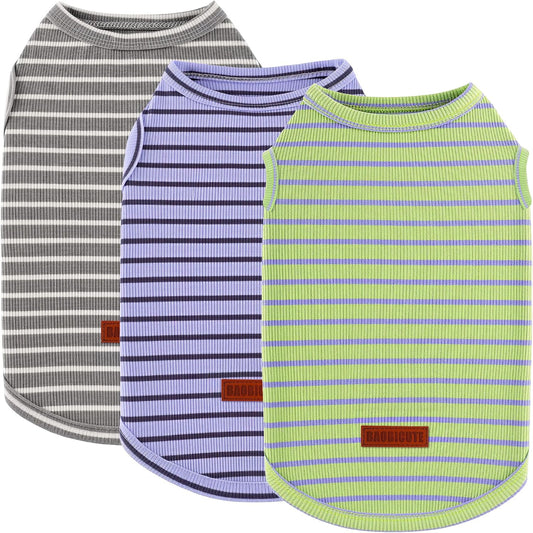 3Pack Dog Shirt Cotton Striped T-Shirts Stretchy Comfortable Pet Vest for Puppy and Cat Super Soft Dog Shirts Vest Sleev
