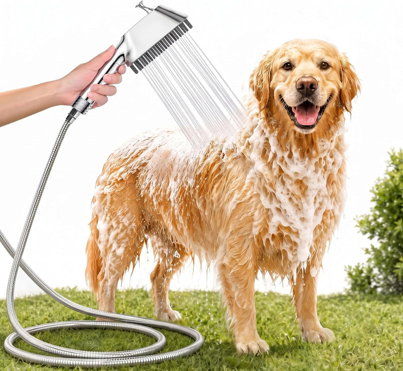 3 Mode Dog Shower Attachment with Pause Mode, Dog shower Sprayer with 100 Inches Hose, Metal Diverter, Adhesive Holder, 