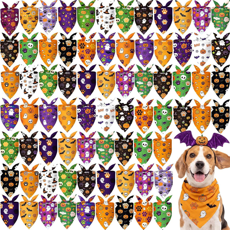 Abbylike 100 Pcs Halloween Dog Bandanas Bulk Cute Dog Paw Prints Pattern
