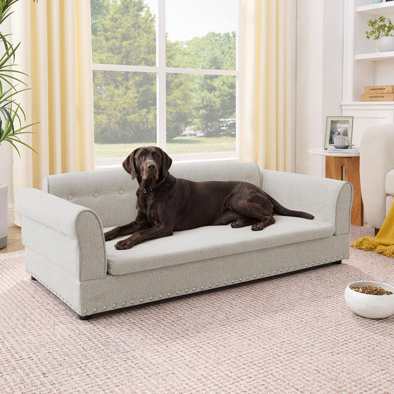 XOCN Elevated Dog Sofa for Medium to Large Dogs, Button Tufted Dog Couch Bed with Backrest and Armrests, Durable Memory Foam Pet Bed, Removable Cushion for Medium and Large Dogs, Beige