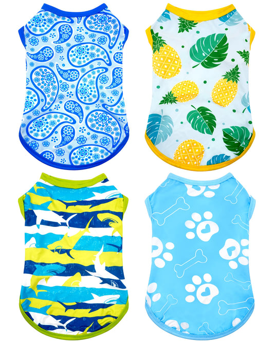 PET SHOW 4 Pack Summer Dog Shirts for Small Doggies Boy UPF 50+ UV Sun Protection Cooling Clothes Tank Top Shark Puppy Kitten Cats T-Shirts Pet Holiday Party Sleeveless Vest Blue(Small)
