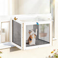 Cat Window Box, Wooden Outdoor Catio Window Enclosure with Clear Acrylic Roof & Bug-Proof Mesh, Universal Cat Window Perch with PVC Curtain for Sunbathing & Napping, Fits Vertical Windows 25"–43" W