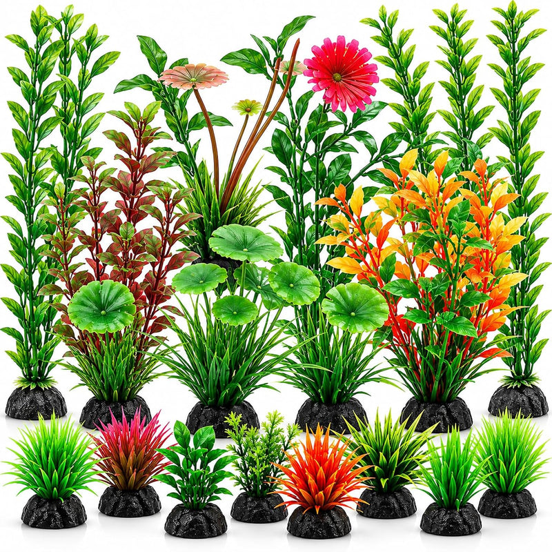 16-Piece Artificial Aquarium Plants Set – Vibrant, Realistic Fish Tank Decorations for Aquariums, Reptile Terrariums, an