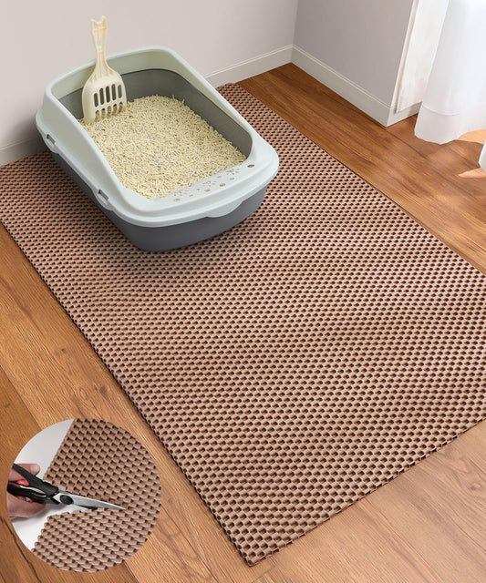 Cooyes Cat Litter Mat - Cut to Fit Any Place, 35"x23" Large Litter Trapping Mat for Litter Box, Easy to Clean, Waterproof & Non-Slip Kitty Pad, Scatter Control to Protect the Floor (Khaki)