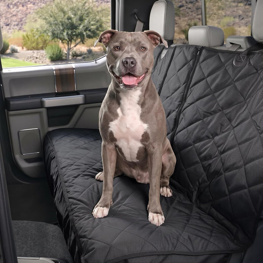 4Knines Dog Seat Cover for Back Seat, Heavy Duty Waterproof Rear Seat Protector for Small Trucks, SUV, Cars - Fits 60/40 Split Bench with Middle Seat Belt, Non-Slip Dog Backseat Cover (Regular, Black)