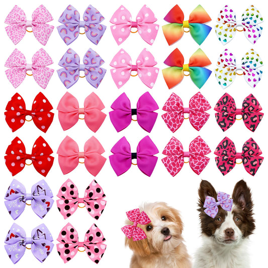 JpGdn 24PCS Big Dog Hair Bows with Rubber Band Random Pattern for Large XL Breed Bowknot Topknot Grooming Hair Accessories