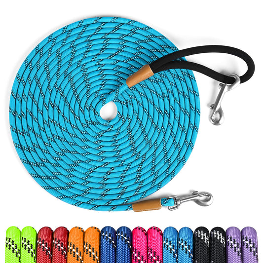 lynxking Long Dog Leash Reflective 15ft 30ft 50ft Check Cord Training Lead Padded Handle Heavy Duty Rope for Puppy Small Medium Large Dogs (Light Blue, 30ft x 3/8inch)