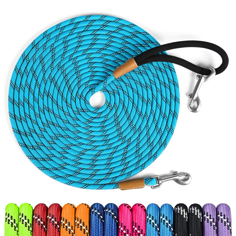 lynxking Long Dog Leash Reflective 15ft 30ft 50ft Check Cord Training Lead Padded Handle Heavy Duty Rope for Puppy Small Medium Large Dogs (Light Blue, 30ft x 3/8inch)