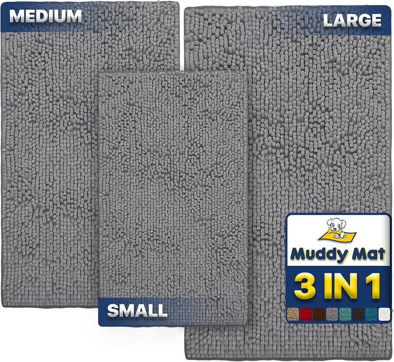 Muddy Mat® Pack of 3 Highly Absorbent Microfiber Dog Door Mat and Pet Rug, Non Slip Thick Washable Area Mat Soft Chenill